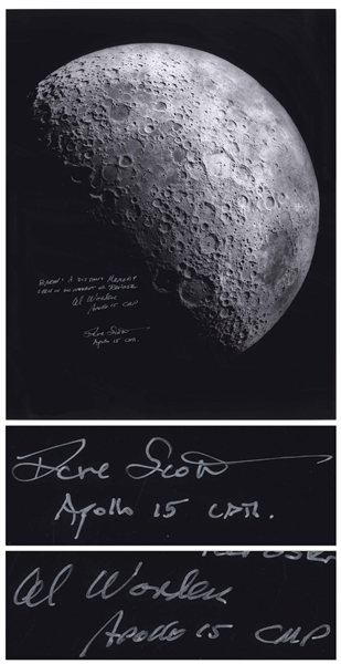 Al Worden & Dave Scott Signed 16'' x 20'' Photo of the Moon -- Worden Additionally Writes His Famous Quote About Seeing Earth From the Moon